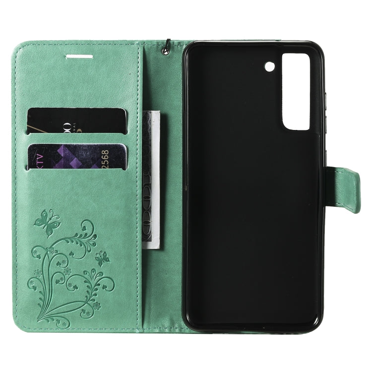Green butterfly-pattern flip PU leather phone case with card slots and phone holder