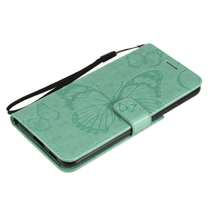 Green butterfly-pattern PU leather wallet-style phone case with wrist strap