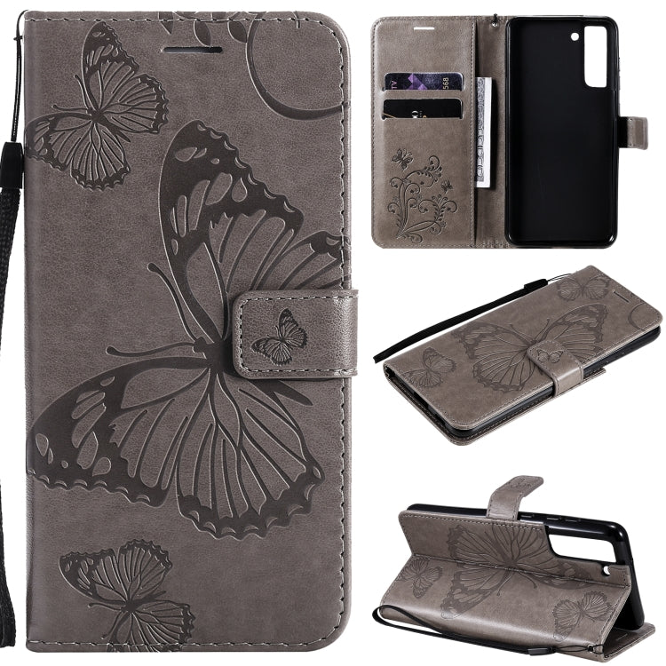 Gray butterfly-pattern flip PU leather phone case with card slots and lanyard