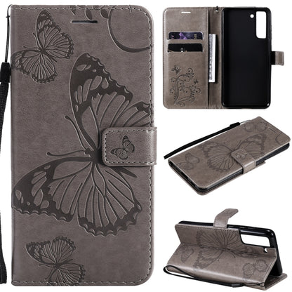 Gray butterfly-pattern flip PU leather phone case with card slots and lanyard