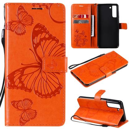 Orange butterfly-pattern flip PU leather phone case with card slots and lanyard
