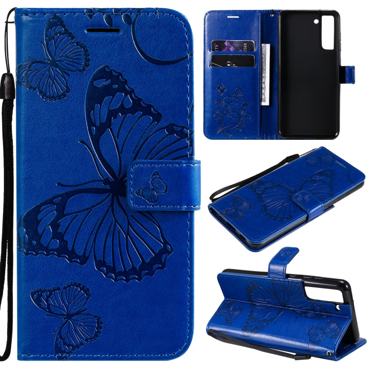 Blue butterfly-pattern flip PU leather phone case with card slots and lanyard