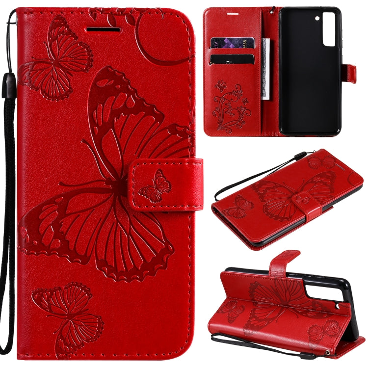 Red butterfly-pattern phone wallet case with card slots and lanyard strap