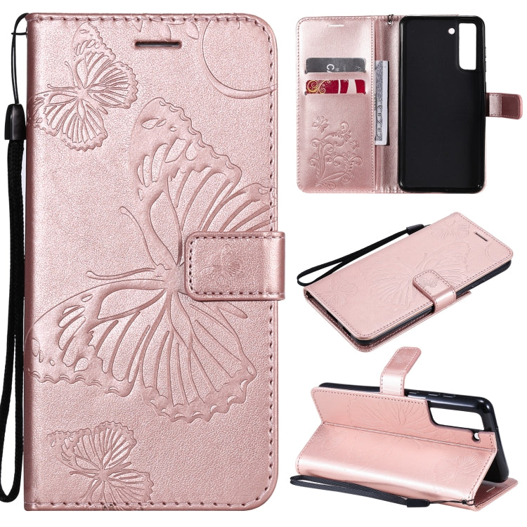Rose gold butterfly-pattern phone wallet case with card slots and lanyard strap