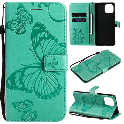 Green butterfly-pattern phone wallet case with card slots and lanyard strap