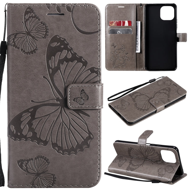 Gray butterfly-pattern phone wallet case with card slots and lanyard strap