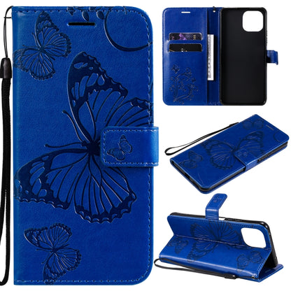 Blue butterfly-pattern phone wallet case with card slots and lanyard strap