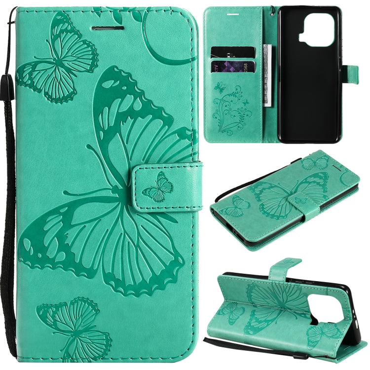 Green butterfly PU leather phone wallet case with flip cover, card slots, stand