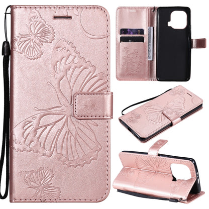 Rose gold butterfly PU leather phone wallet case with flip cover, card slots, lanyard strap