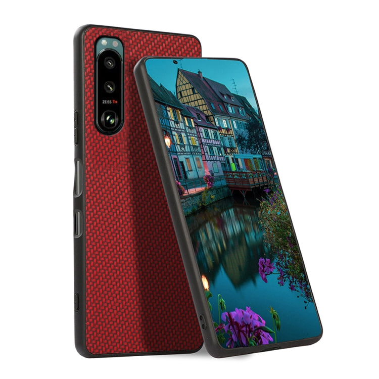 Protective phone case with carbon-fiber texture, red, dual camera cutouts