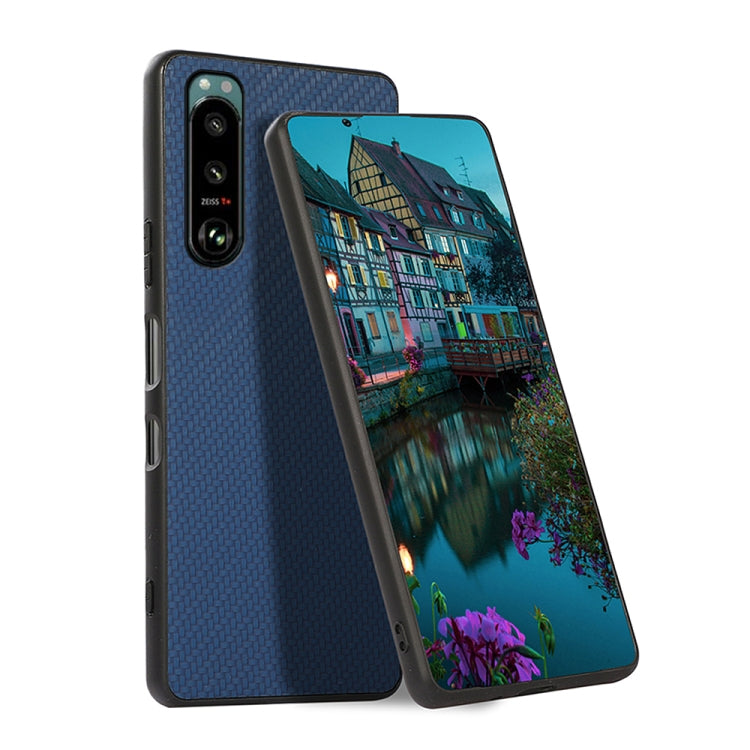 Protective phone case with carbon-fiber texture, blue, dual camera cutouts