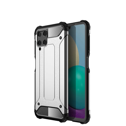 Hybrid TPU+PC phone case, silver back, black shockproof bumper, raised edges