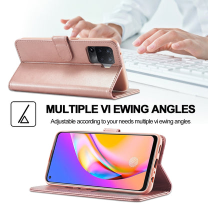 Rose gold flip leather wallet phone case propped open with viewing stand