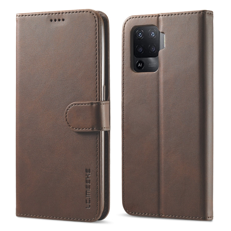 Brown flip leather wallet case with side clasp, card slots, and camera cutout