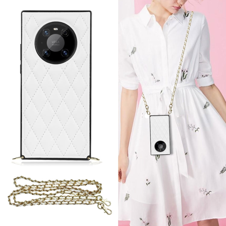 White quilted rhombus phone case with camera cutout and gold chain crossbody strap