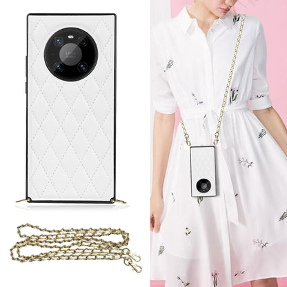 White quilted rhombus phone case with camera cutout and gold chain crossbody strap