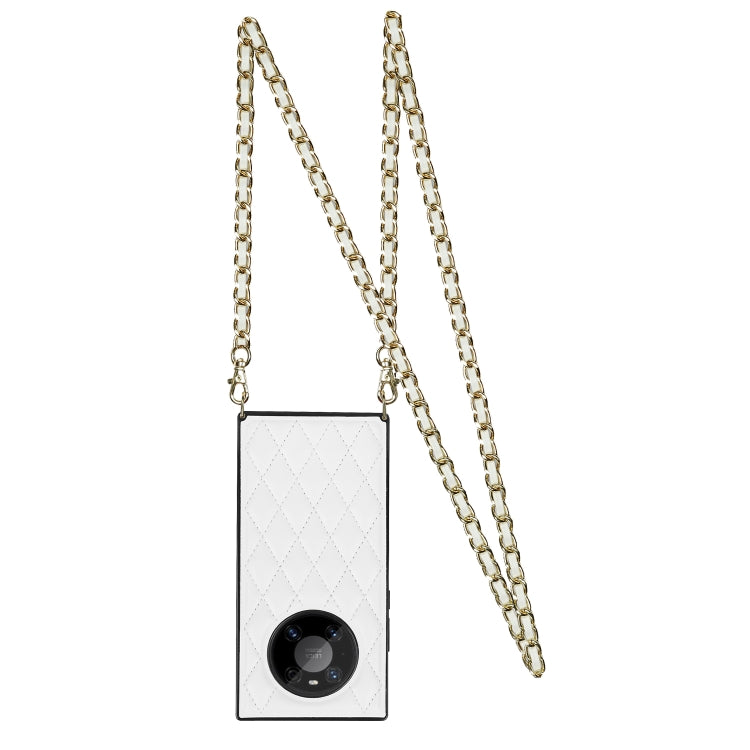 White quilted rhombus phone case with front camera cutout and long gold chain strap
