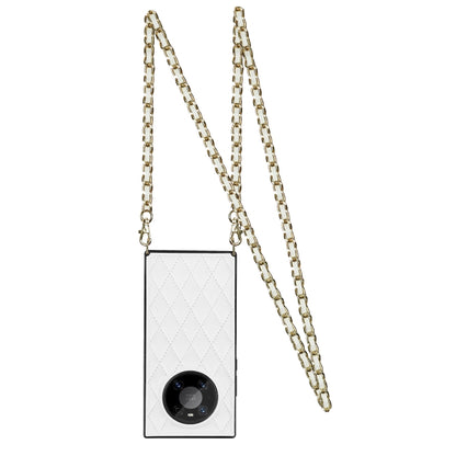 White quilted rhombus phone case with front camera cutout and long gold chain strap