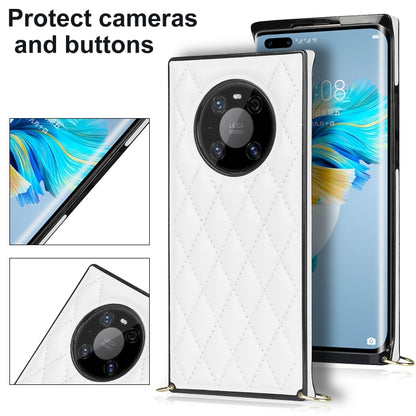 White quilted rhombus phone case with raised camera area and button protection, on phone