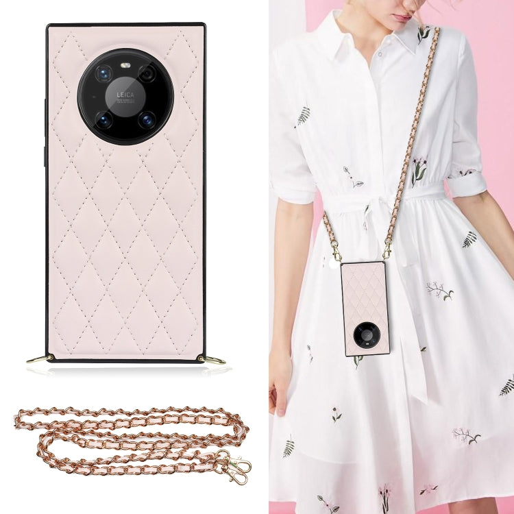 Pink rhombus quilt phone case with shockproof TPU shell and crossbody chain strap
