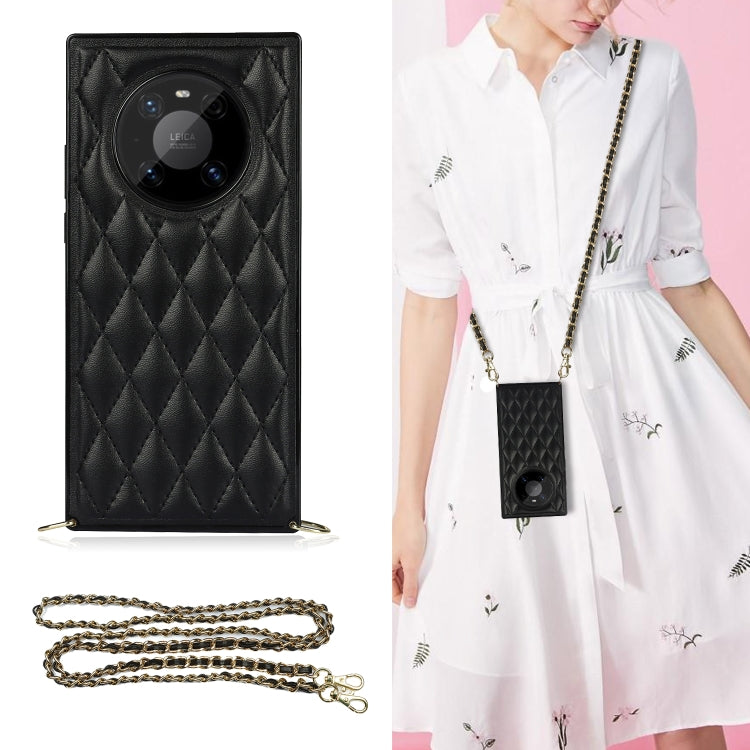 Microfiber leather phone case in black with quilted rhombus texture, shockproof TPU, chain strap