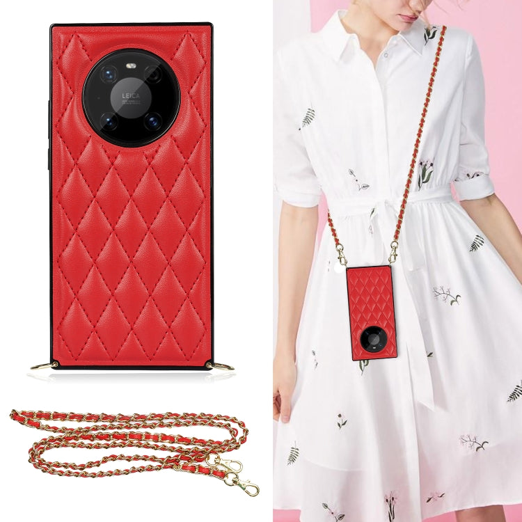 Red quilted rhombus phone case with camera cutouts, TPU shockproof design and crossbody chain