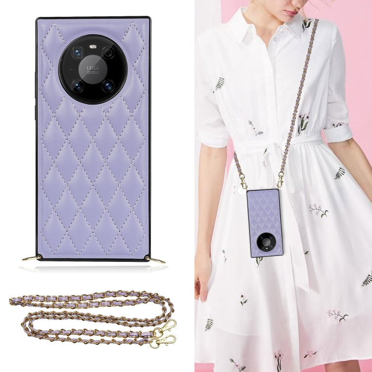 Purple quilted rhombus phone case with camera cutout and gold-tone crossbody chain strap