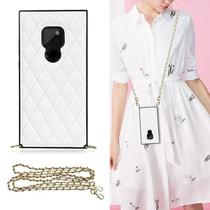 White quilted rhombus phone case with gold chain crossbody strap and card holder panel