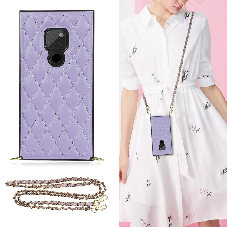 Purple quilted rhombus phone case with camera cutout and gold-tone crossbody chain strap