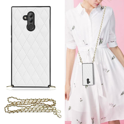 White quilted rhombus phone case with gold chain crossbody strap and dual camera cutouts