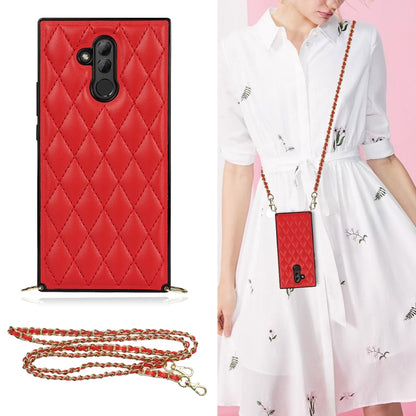 Red quilted rhombus phone case with camera cutout, TPU shockproof and metal crossbody chain
