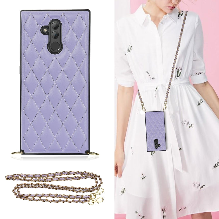 Lavender quilted rhombus phone case with camera cutout and gold-tone crossbody chain strap