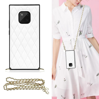 White quilted rhombus phone case with gold chain crossbody strap and camera and button openings