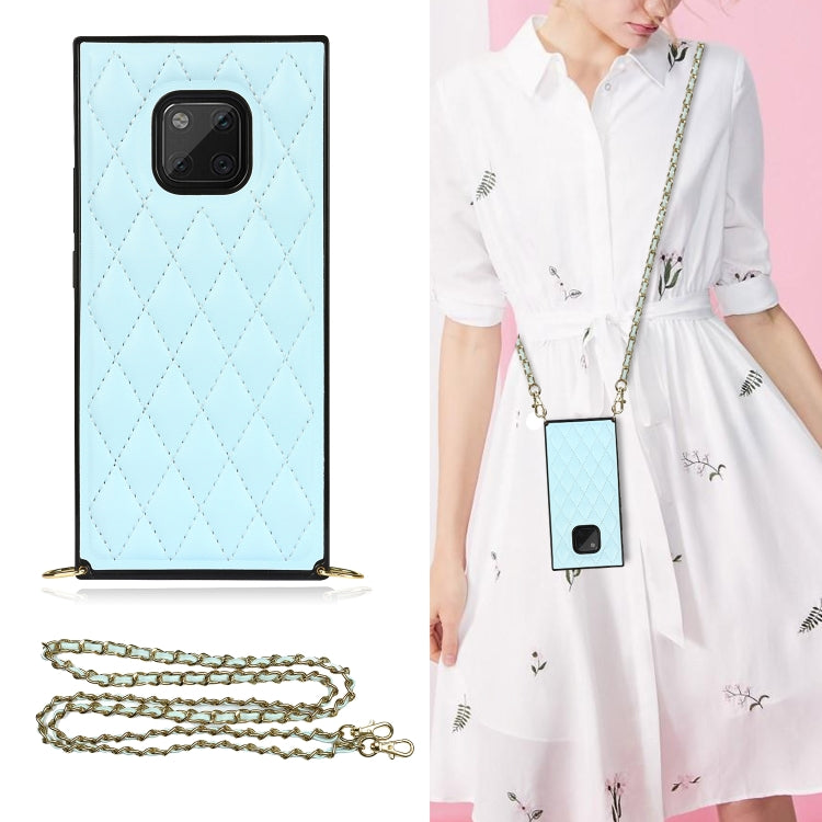 Light blue quilted diamond phone case with crossbody chain strap and camera cutout window