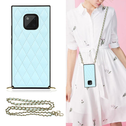 Light blue quilted diamond phone case with crossbody chain strap and camera cutout window