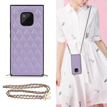 Lavender quilted rhombus phone case with camera cutout and gold-tone crossbody chain strap