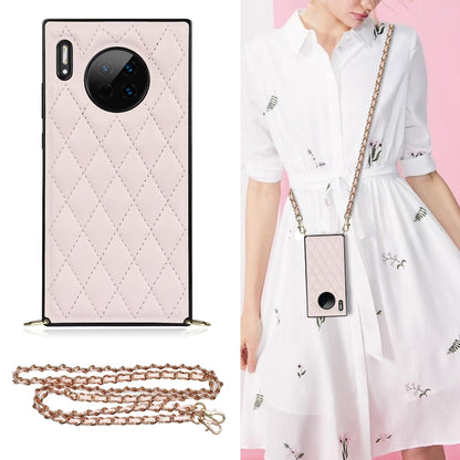 Pink rhombus quilt phone case with shockproof TPU shell and crossbody chain strap
