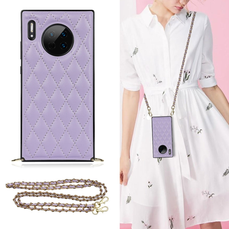 Lavender quilted rhombus phone case with triple-camera cutout and gold-tone crossbody chain strap