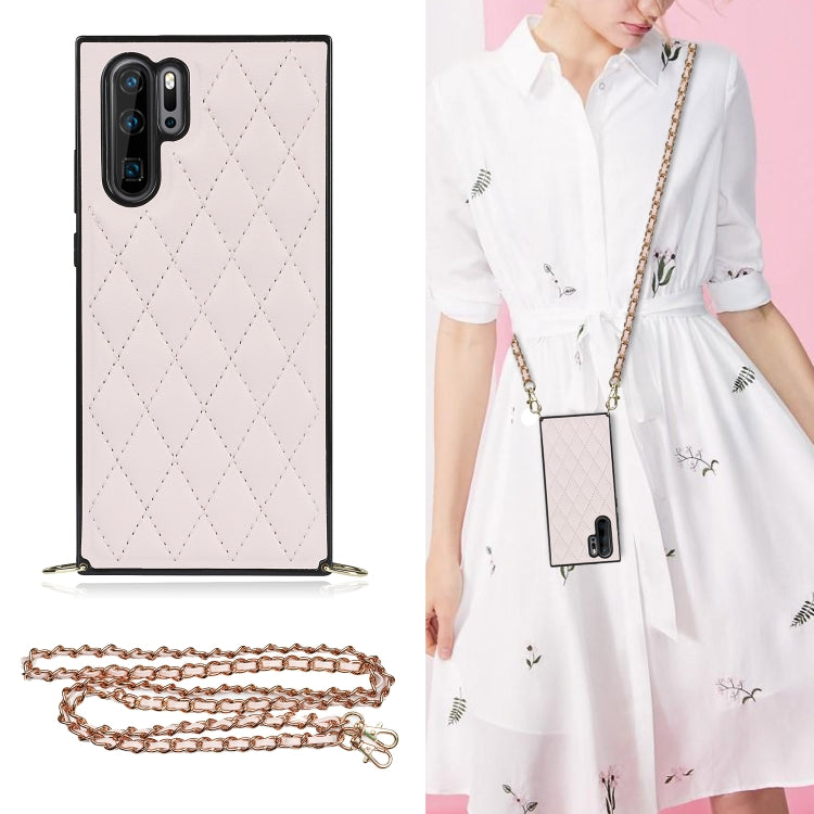 Microfiber leather phone case with rhombus quilting in light pink, shockproof TPU, chain strap