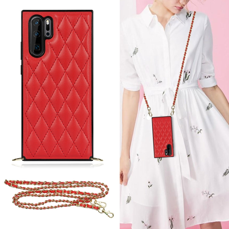 Red quilted rhombus phone case with camera cutouts, TPU shockproof design and chain strap