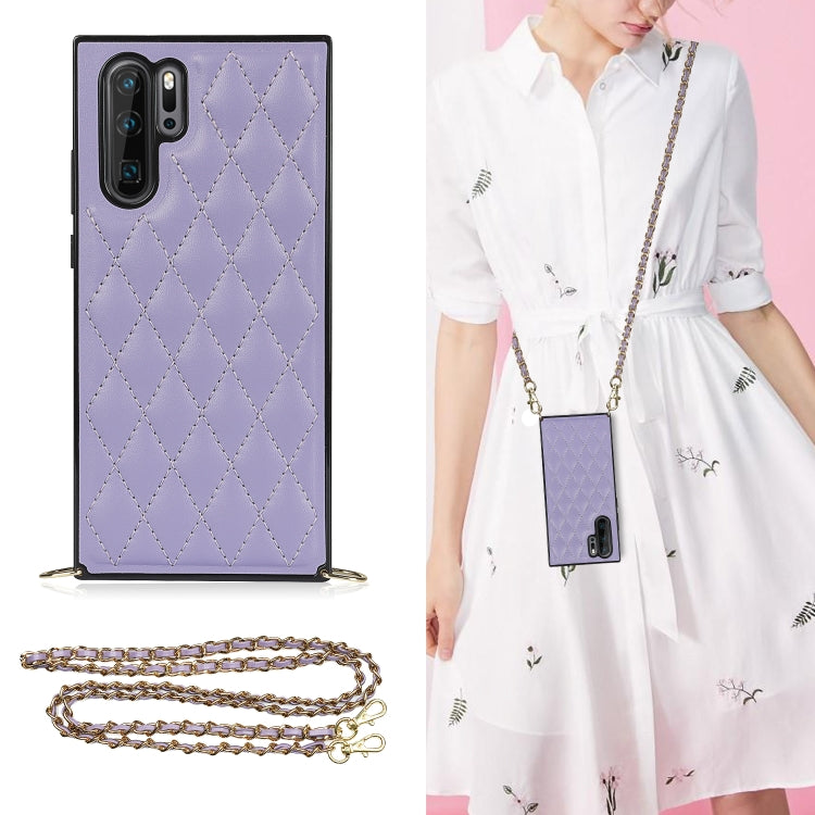 Lavender quilted rhombus phone case with dual-camera cutouts and gold-tone crossbody chain strap