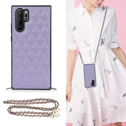 Lavender quilted rhombus phone case with dual-camera cutouts and gold-tone crossbody chain strap