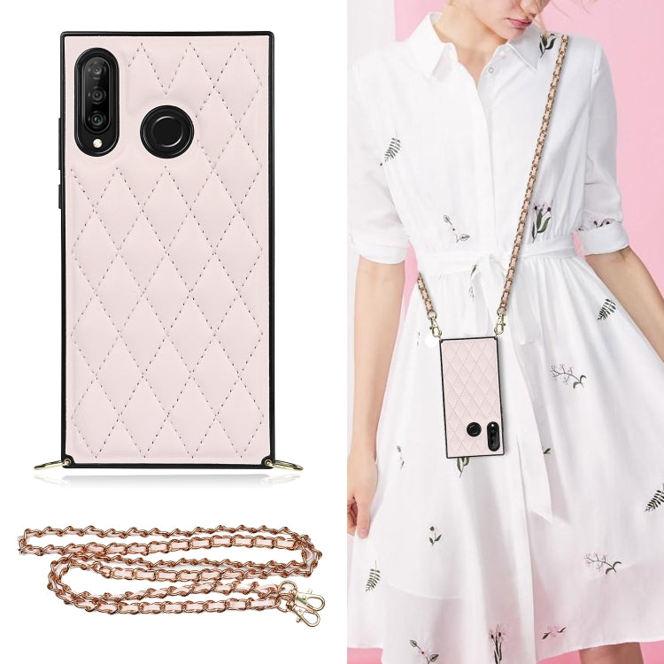 Microfiber leather phone case with rhombus quilting in light pink, dual camera cutouts, chain strap