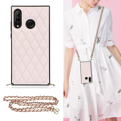 Microfiber leather phone case with rhombus quilting in light pink, dual camera cutouts, chain strap