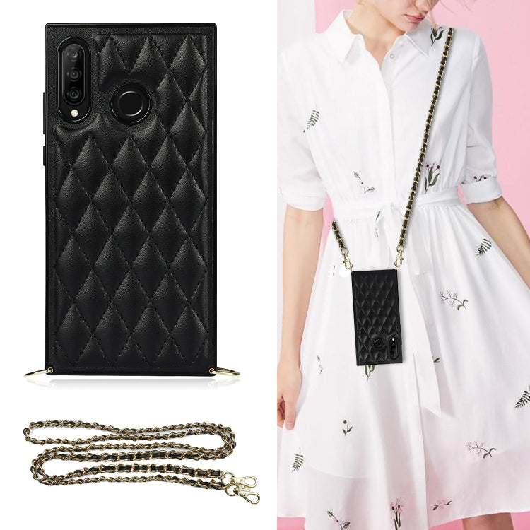 Black quilted rhombus microfiber leather phone case with TPU shockproof frame and chain strap