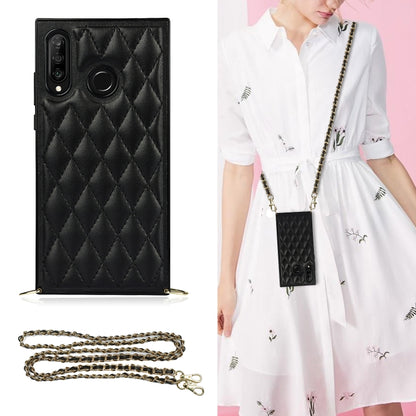 Black quilted rhombus microfiber leather phone case with TPU shockproof frame and chain strap