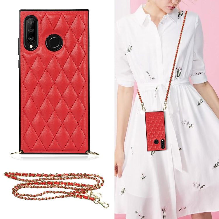 Red quilted rhombus phone case with camera openings, TPU shockproof frame and crossbody chain