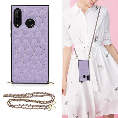 Lavender quilted rhombus phone case with single-camera cutout and gold-tone crossbody chain strap