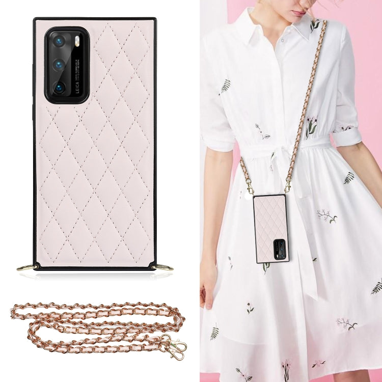 Microfiber leather phone case with rhombus quilting in light pink, camera cutouts, chain strap