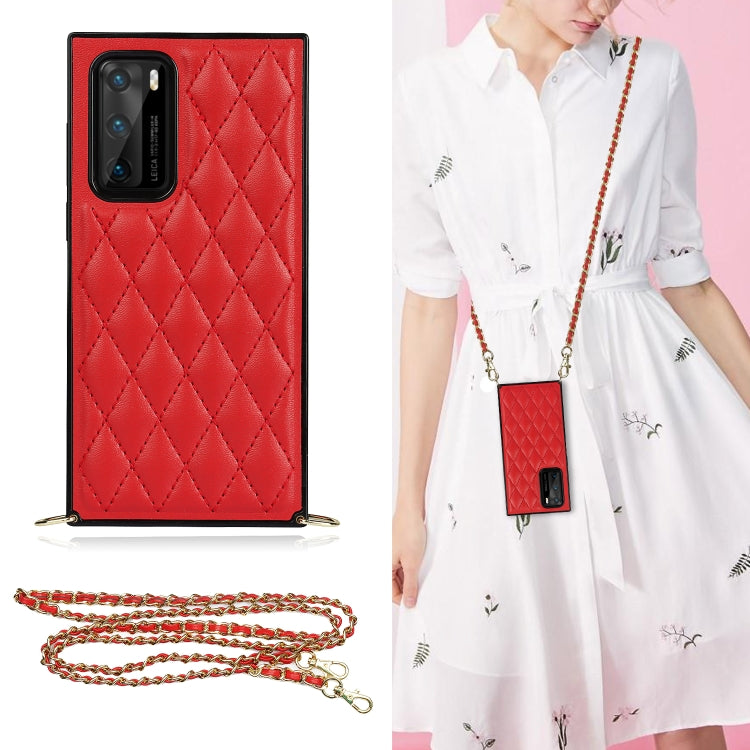 Red quilted diamond phone case with crossbody chain strap and shockproof TPU edges
